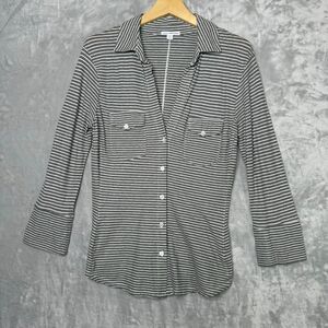 Standard James Perse Top Womens 2 Gray White Stripe Cotton Knit Button Down